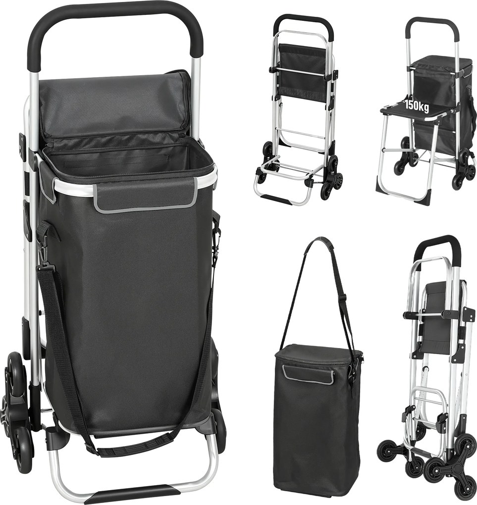 HOMCOM Carrinho de Compras, bolsa Oxford 40 L, design de 3 rodas, estrutura em alumínio, assento, cinza escuro | Aosom Portugal