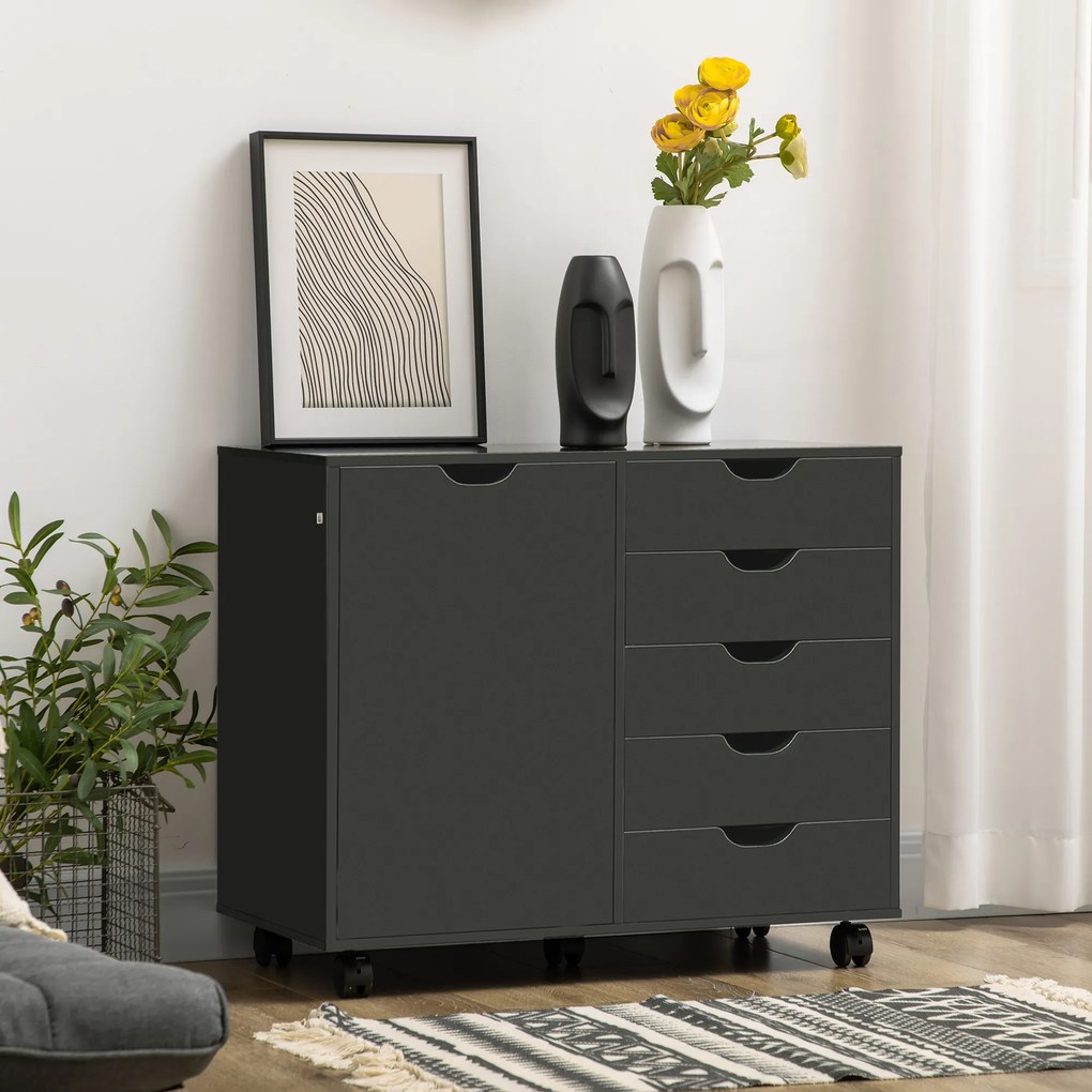 Arquivador de escritório de secretária com 5 gavetas 78 x 40 x 66,5 cm, 1 porta e prateleira ajustável, suporte para impressora com rodas, preto
