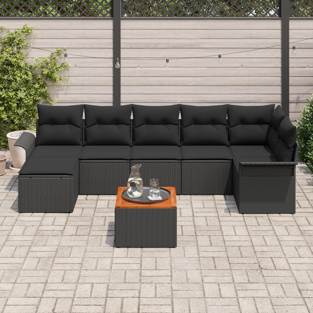Conjunto de Sofá de Jardim vidaXL com 8 Peças e Almofadas Preto Rattan