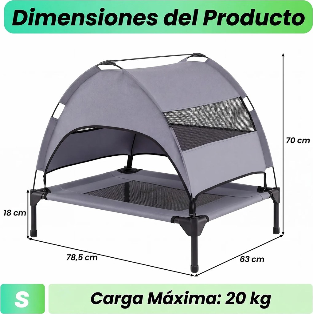 Cama Elevada para Cães, 78,5 x 63 x 70 cm, Toldo Desmontável, Cinzento