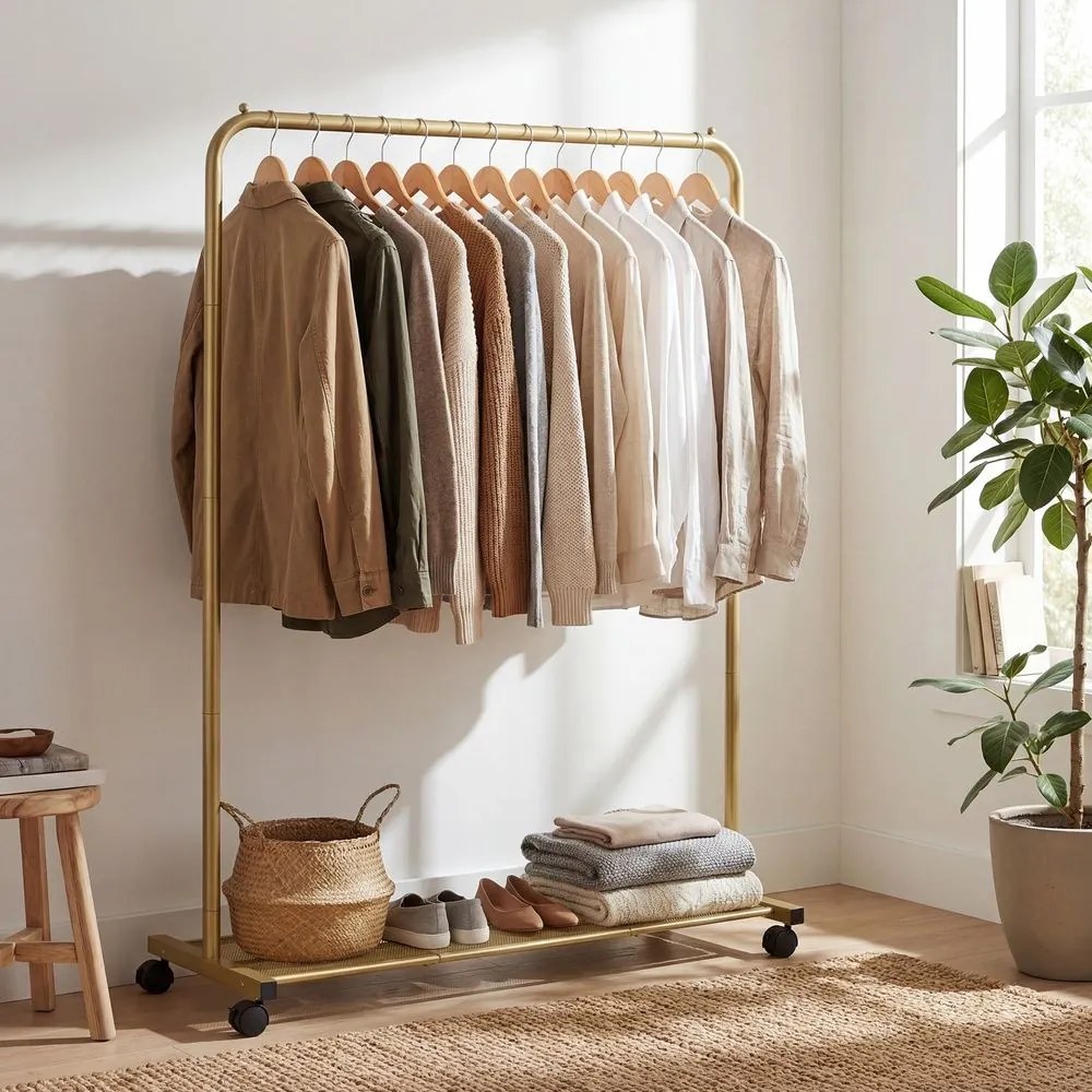 Guarda roupa aberto com rodas 40,5 x 91 x 158 cm, cabide com prateleira, 2 rodas com travão dourado