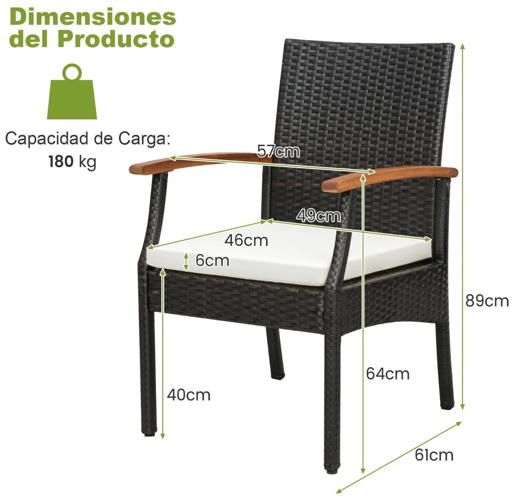 Conjunto de 2 cadeiras de jardim de vime com braços Almofada para exterior de rattan Estrutura metálica Poltronas Pátio Varanda Terraço Castanho misto