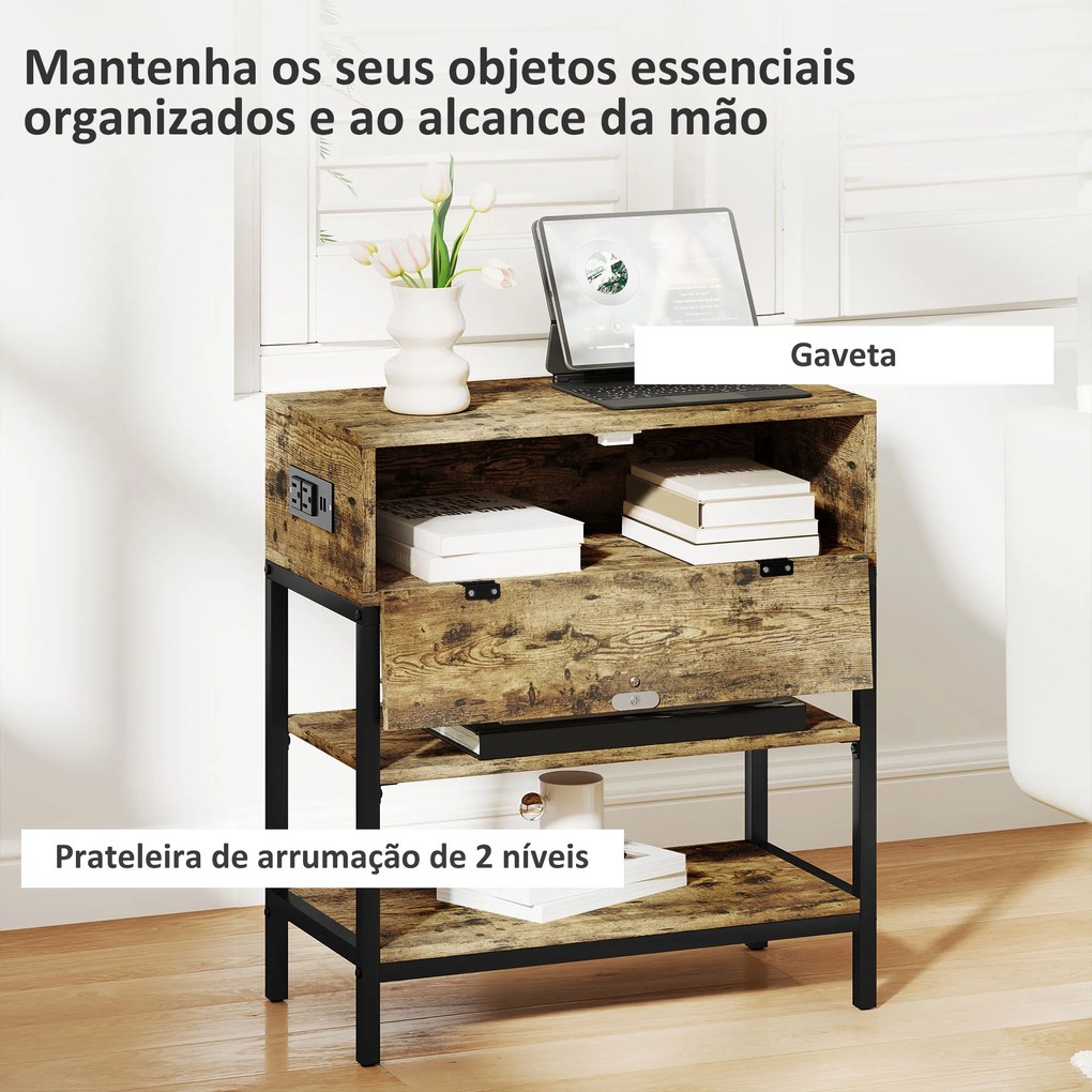 Mesinha Auxiliar Industrial com Estação de Carga Gaveta e Prateleiras Abertas 60x30x66,5 cm Castanho Rústico