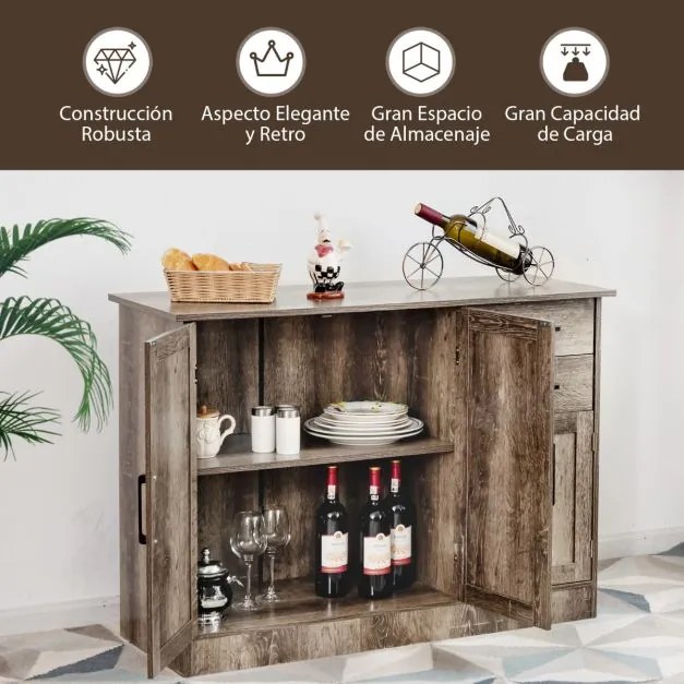 Aparador com 2 gavetas 3 portas 1 Estante ajustável Aparador para cozinha, sala de jantar Sala de estar Hall de entrada 110 x 40 x 78 cm Cinzento