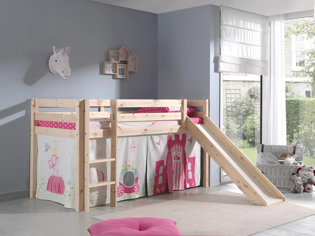 Conjunto Cama alta de Criança PINO 90 x 200 cm + estrado + escada + escorrega + cortina Princesa Natural