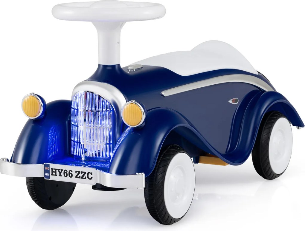 Andarilho carro clássico deslizante com volante, buzina, luz LED e espaço de armazenamento sob o assento para crianças de 19 a 36 meses, azul escuro