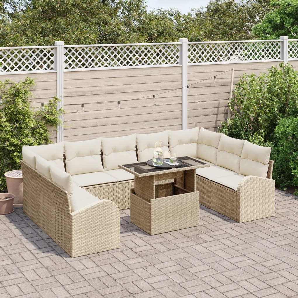 Conjunto de Sofá de 10 Peças vidaXL com Almofadas Beige Rattan Poliést