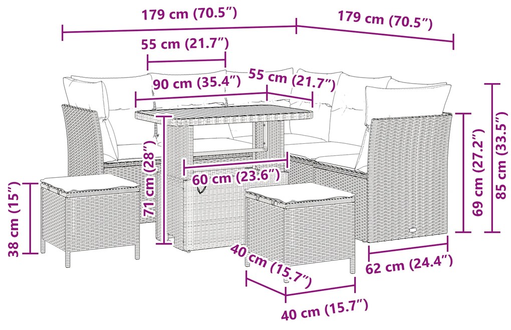 Conjunto de Sofá de Jardim com 8 Peças e Almofadas em Rattan Poliéster