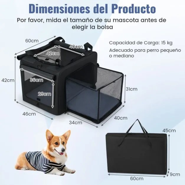 Saco de transporte dobrável e portátil Tamanho S - 80 x 65 x 42 cm para animais de estimação com 2 aberturas e janela Tapete macio Preto
