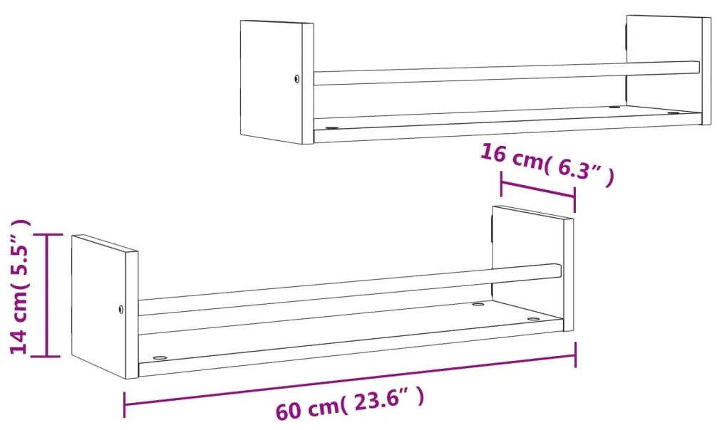 Prateleiras parede c/ barras 2pcs 60x16x14cm carvalho castanho