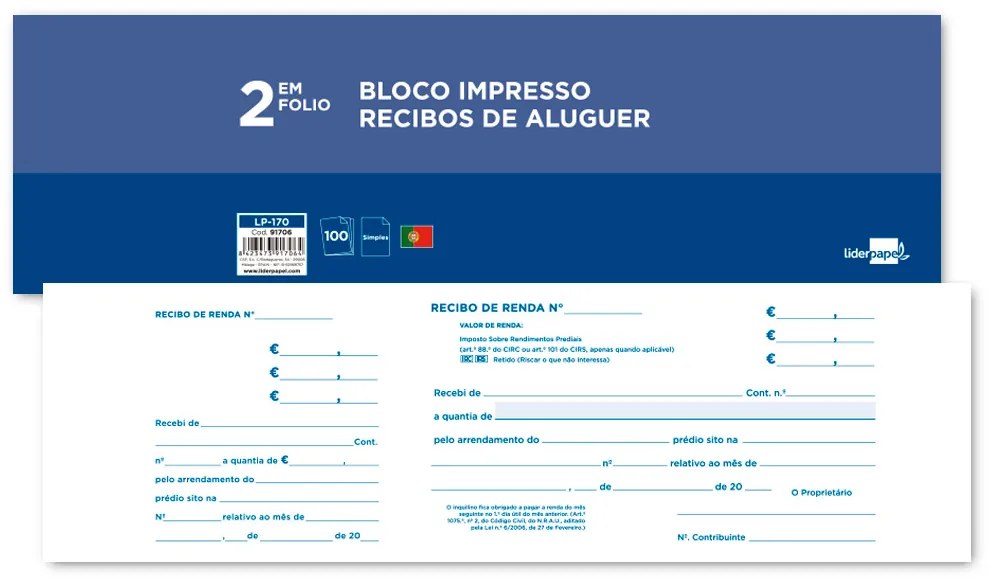 Livro de Recibos de Aluguer 295 X 105 mm com Canhoto