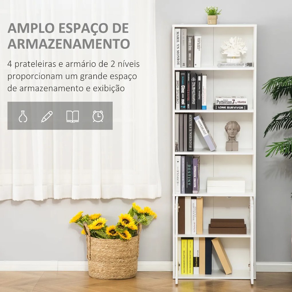 Estante para Livros com 4 Compartimentos Abertos e 1 Armário com 2 Prateleiras Armazenamento Livros Plantas para Sala de Estar Escritório 59x29x180cm