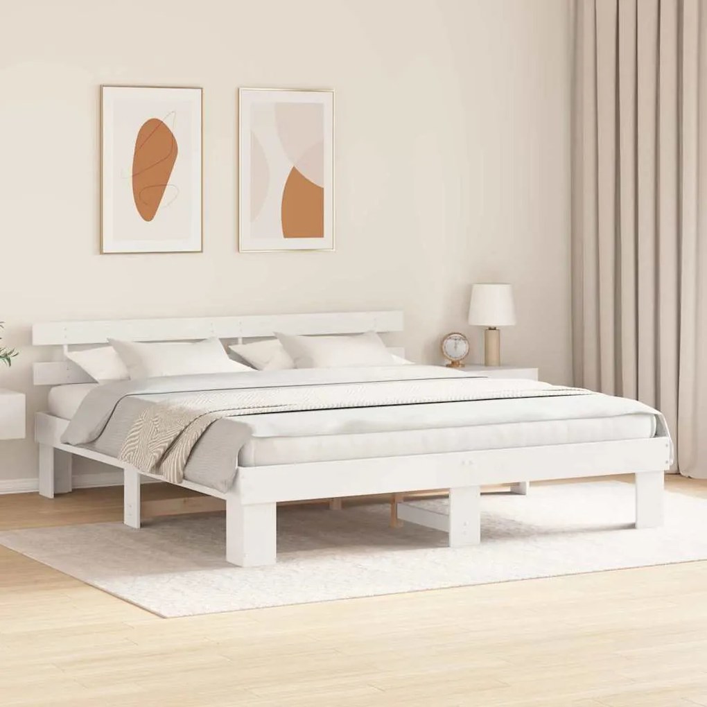 Estrado de Cama com Cabeceira Branca 200x200 cm Madeira Sólida Pinho