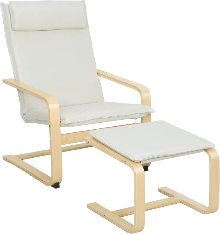 Poltrona com Otomano Poltrona de Leitura com Pernas de Madeira e Estofado em Linho 67x78x92 cm Creme