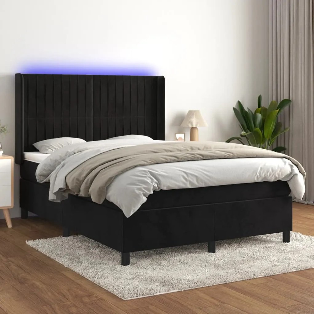 Cama box spring c/ colchão/LED 140x200 cm veludo preto