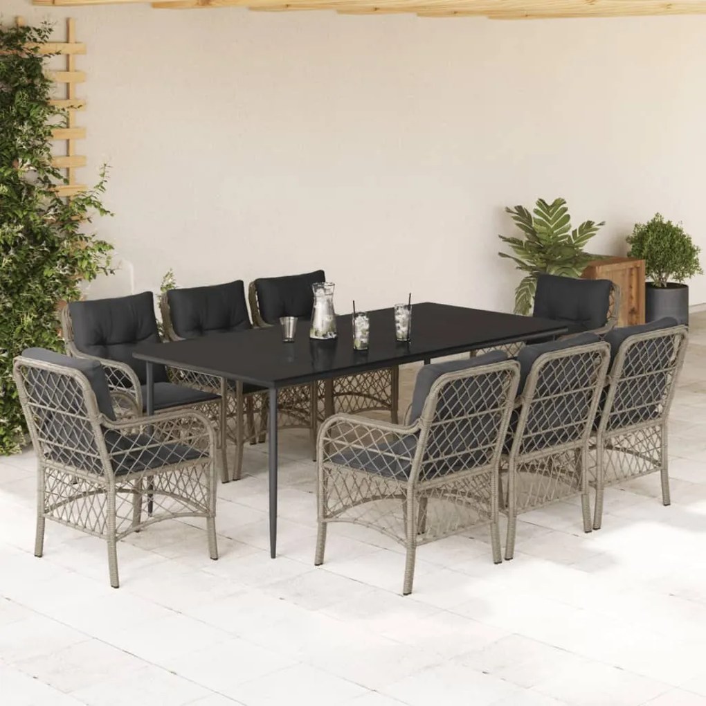 vidaXL 9 pcs conjunto de jantar p/ jardim c/ almofadões cinzento claro