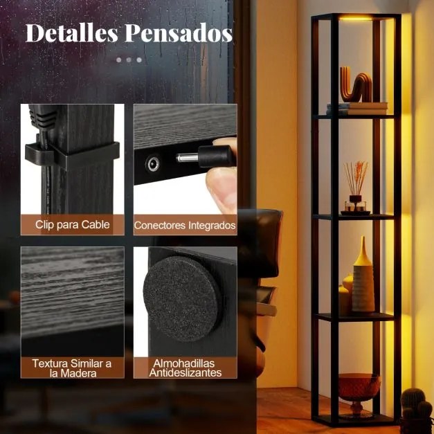 Candeeiro de pé 29 x 29 x 165 cm com prateleiras de 4 níveis Luz LED com 3 intensidades e interruptor de pé para quarto ou sala Preto