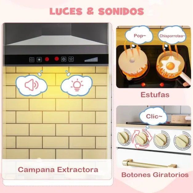 Cozinha de brincar para crianças em madeira 92 x 30 x 98 cm com luzes e sons Máquina de gelo Exaustor Quadro para crianças 3+ anos Branco