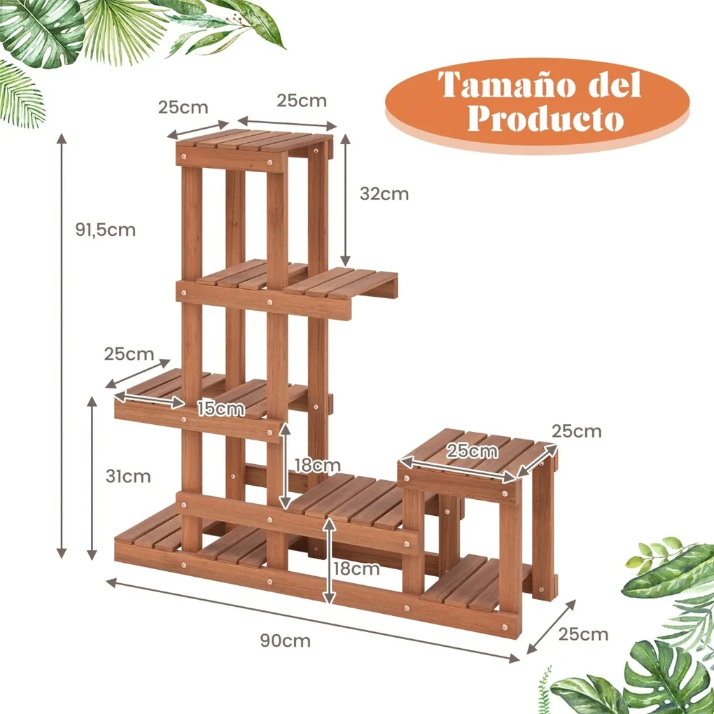 Estante de madeira de 6 níveis para plantas com flores Estante decorativa de canto em escada de 6 níveis para jardim Varanda exterior 90 x 25 x 91,5 c