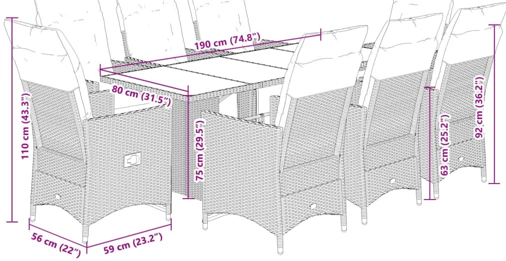 9 pcs conjunto de bistrô para jardim c/ almofadões vime PE bege