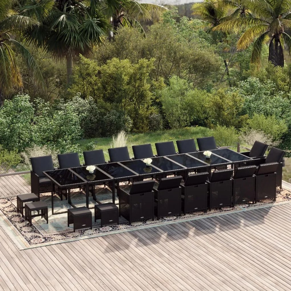 vidaXL 21 pcs conjunto jantar p/ jardim c/ almofadões vime PE preto