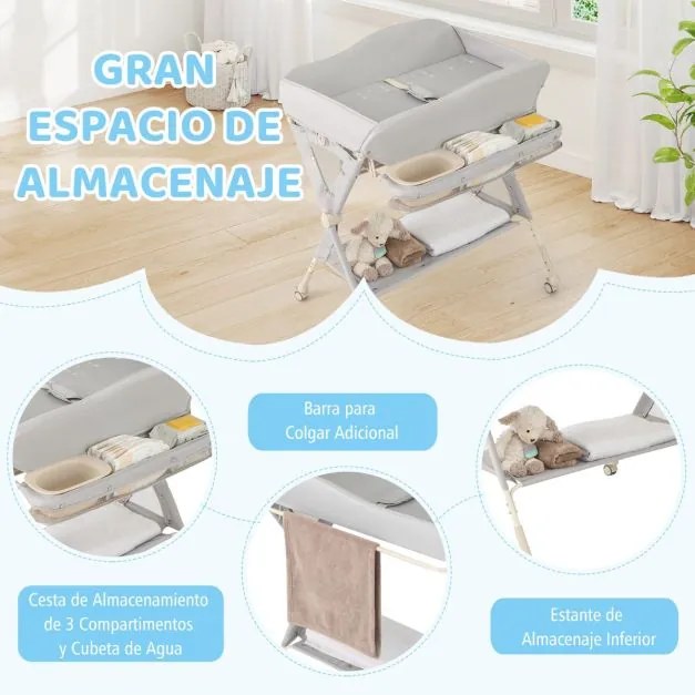 Fraldário dobrável para bebés com cesto de arrumação e cinto de segurança 3 alturas ajustáveis Cinzento