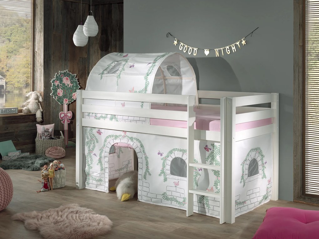 Conjunto Cama alta de Criança PINO 90 x 200 cm + estrado + escada + cortina + túnel Passaros Branca