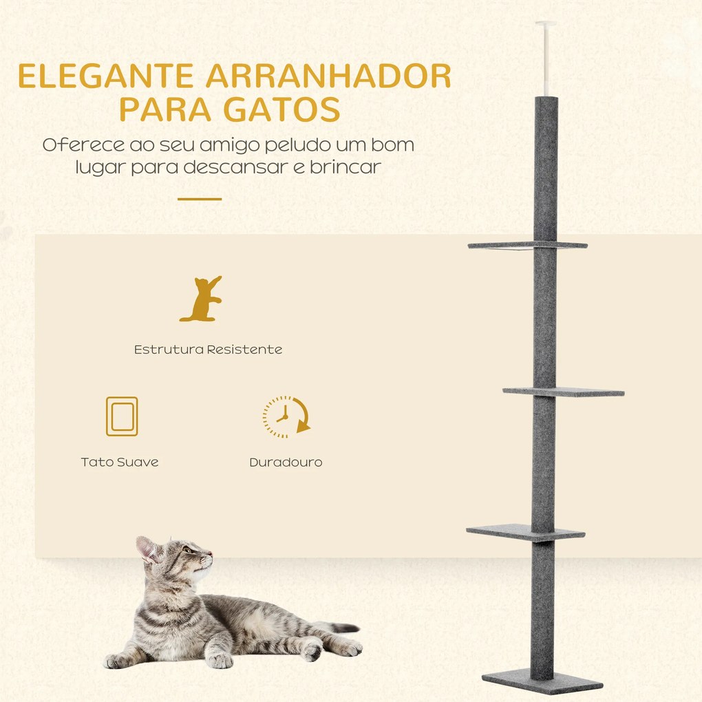 Arranhador para Gatos de Chão ao Teto com Altura Ajustável 4 Plataformas e Poste de Sisal 43x27x228-260 cm Cinza