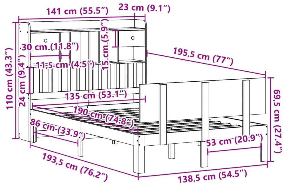 Cama com estante sem colchão 135x190 cm pinho maciço branco