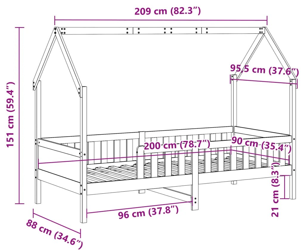 Estrutura de cama infantil formato casa 90x200 cm pinho maciço