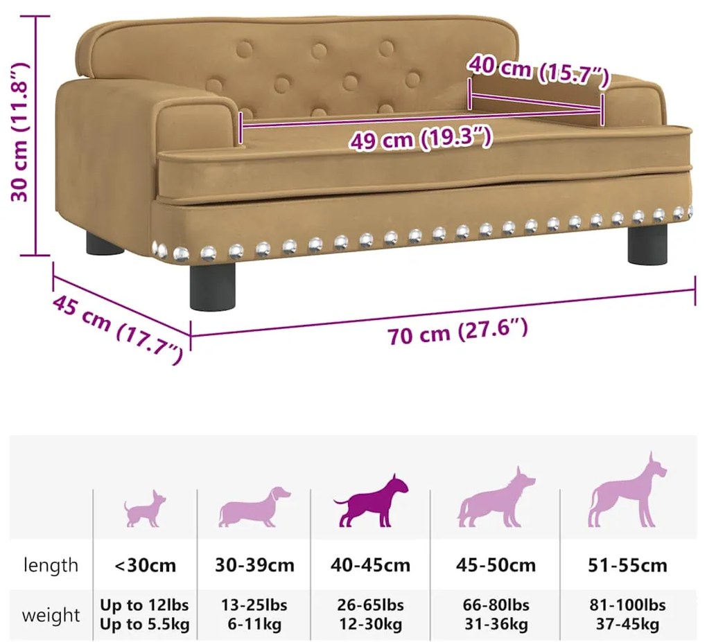 Cama para cães 70x45x30 cm veludo castanho