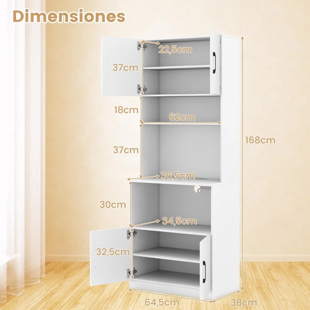 Armário de cozinha 64,5 x 38 x 168 cm com estação de carregamento integrada com 4 portas, 2 prateleiras ajustáveis e bancada para micro-ondas, branco