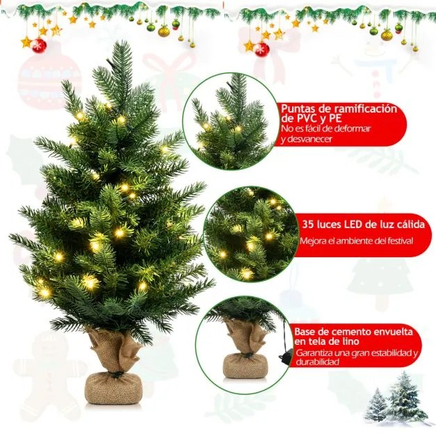 Árvore de Natal artificial de 60 cm com 35 luzes LED e temporizador 234 ramos Base estável Decorações Verde