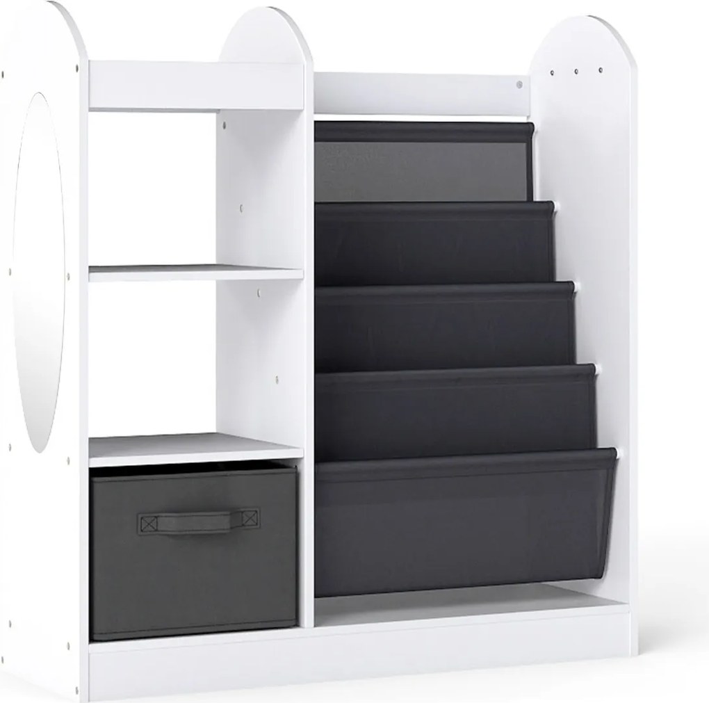Estante para crianças 87,5 x 30 x 90 cm espelho de corpo inteiro Organizador de brinquedos com gaveta e prateleiras de tecido de 4 níveis Branco