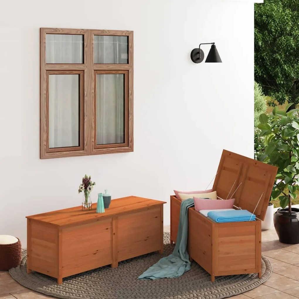 152173 vidaXL Caixa p/ almofadões exterior 150x50x56 cm abeto maciço castanho