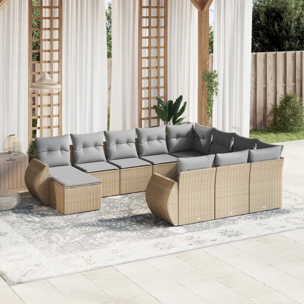 11 pcs conjunto sofás de jardim c/ almofadões vime PE bege