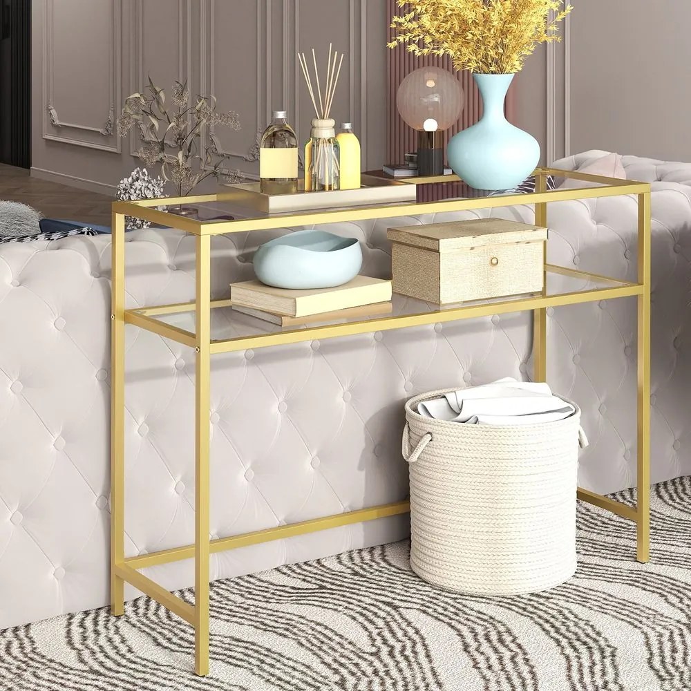 Mesa consola com 2 níveis, mesa de entrada 35 x 100 x 80 cm vidro, aço dourada