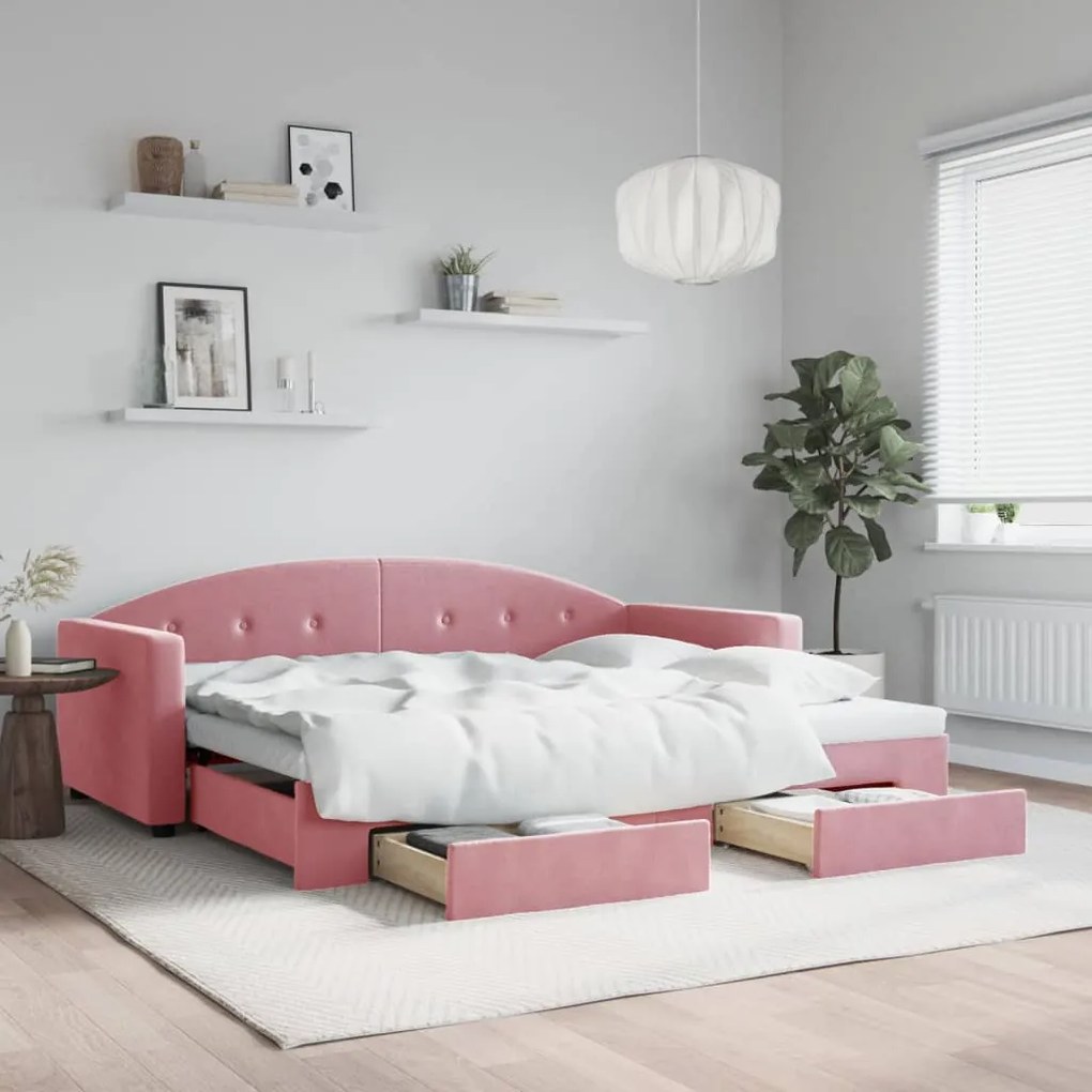 vidaXL Sofá-cama com gavetão e gavetas 90x200 cm veludo rosa
