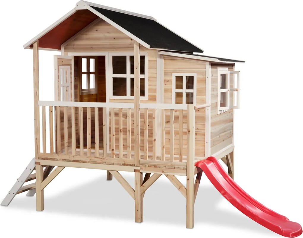 Casa de brincar infantil exterior para crianças Loft 350 em madeira com escorrega - natural