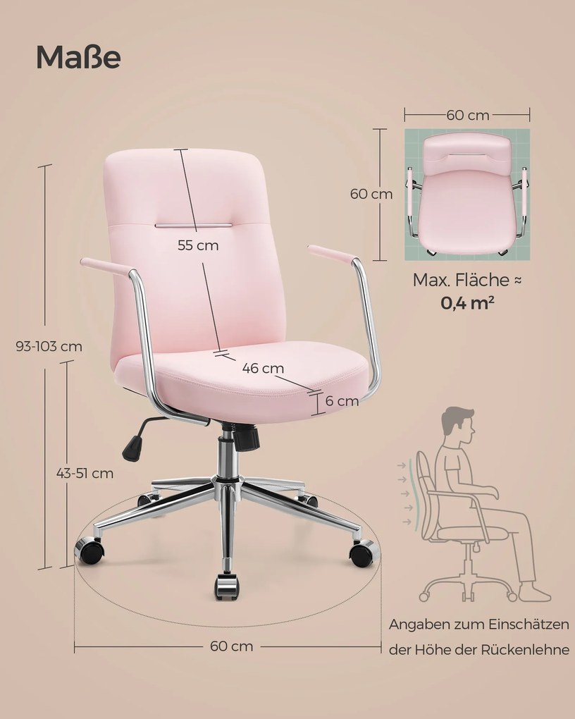 Cadeira de escritório com encosto e assento curvo cor-de-rosa pastel
