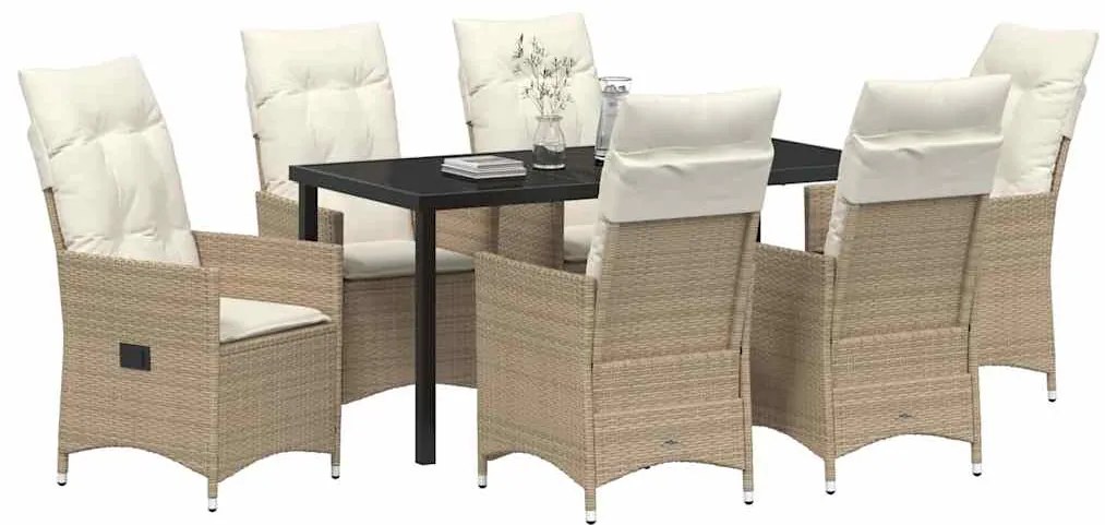 Conjunto de Jantar de Jardim com 7 Peças e Almofadas, Bege Rattan