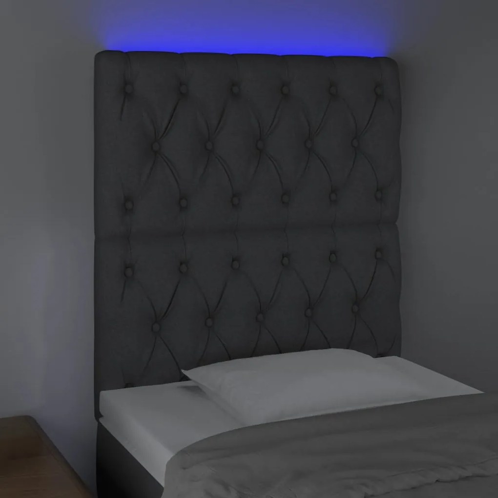 Cabeceira de cama c/ LED tecido 80x7x118/128 cm cinza-escuro