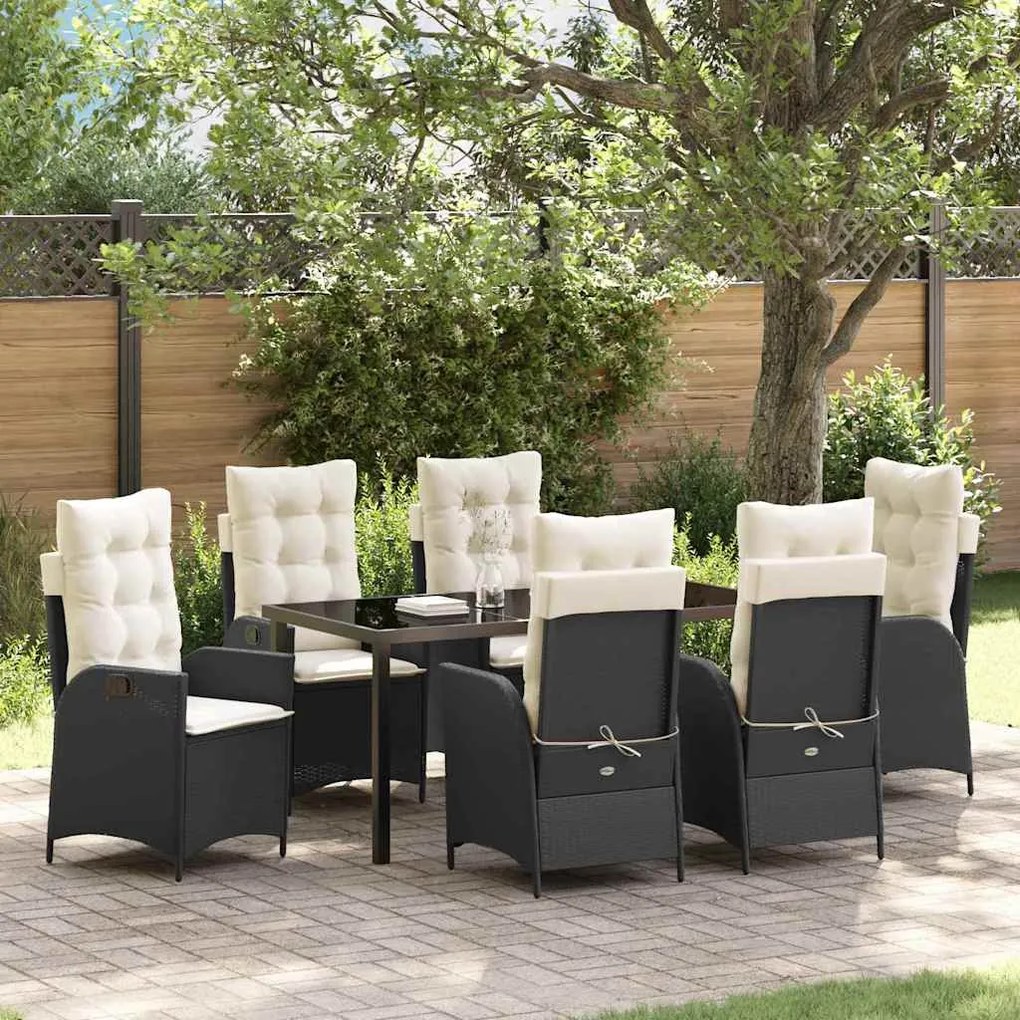 vidaXL Conjunto de Jantar de Jardim 7 Peças com Almofadas Preto Rattan Poliéster