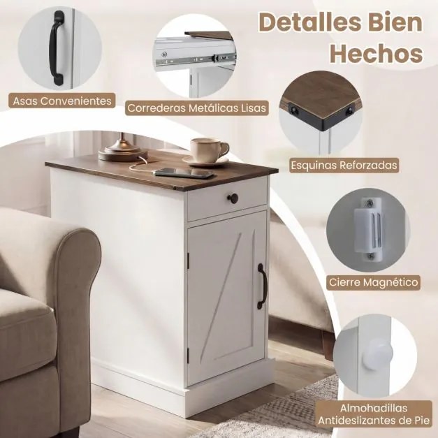 Conjunto de 2 mesas cabeçeira, mesas apoio 35 x 60 x 62 cm com estação de carregamento e armazenamento, gaveta, estante ajustável e bandeja removível,