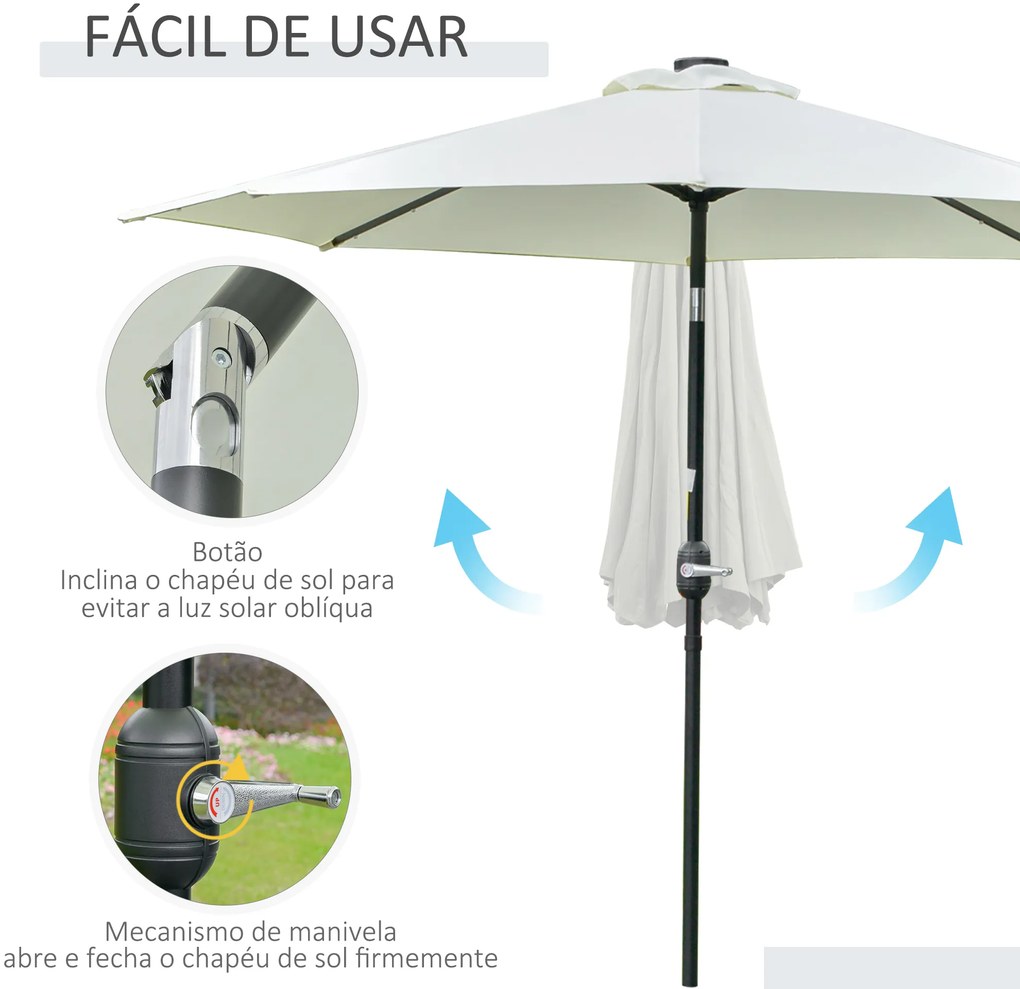 Chapéu de Sol com 32 Luzes LED Solares Ø265x233cm Chapéu de Sol Inclinável com Manivela e Mastro de Aço para Terraço Pátio Exterior Cinza