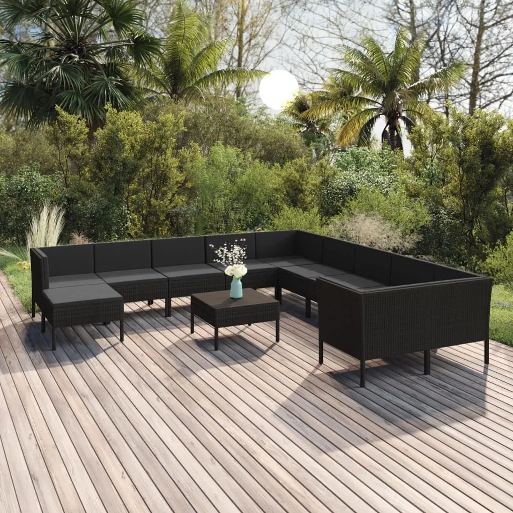 vidaXL 12 pcs conjunto lounge de jardim c/ almofadões vime PE preto