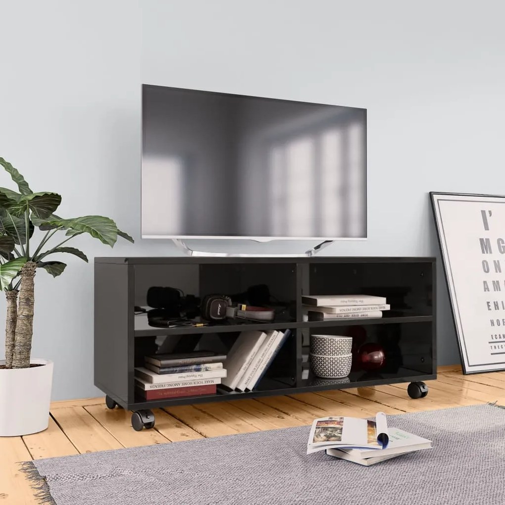 vidaXL Móvel de TV com rodas 90x35x35cm contraplacado preto brilhante