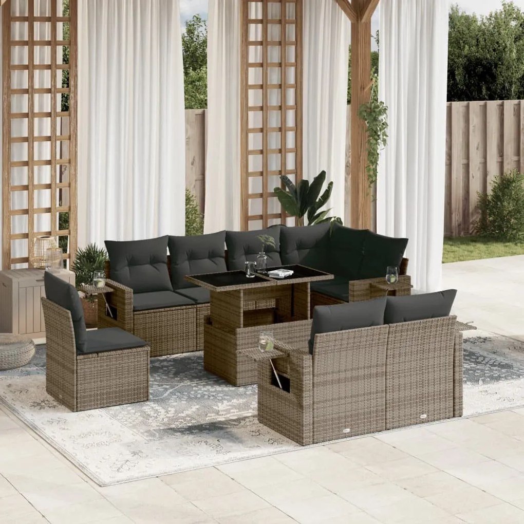 9 pcs conjunto sofás p/ jardim com almofadões vime PE cinzento