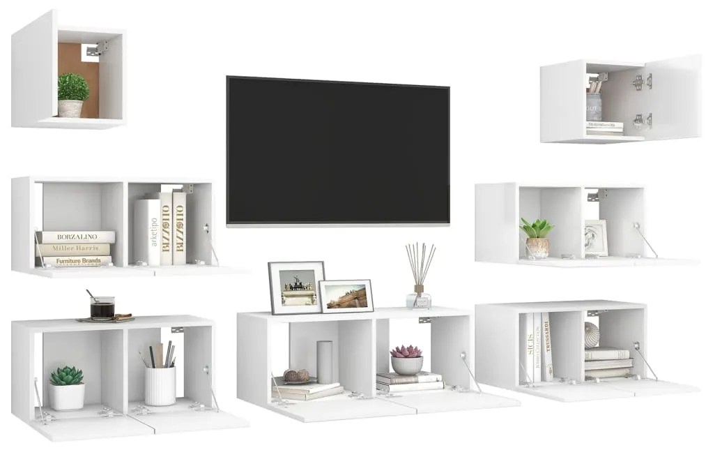 7 pcs conjunto de móveis de TV contraplacado branco