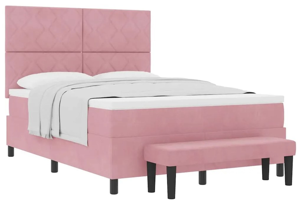 Cama Box Spring com Colchão &amp; Banco Rosa 160x200 cm Veludo